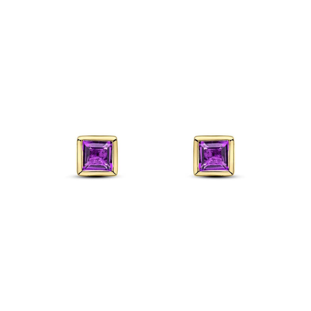 9ct Yellow Gold Square Natural Amethyst Rubover Stud Earrings — 3mm