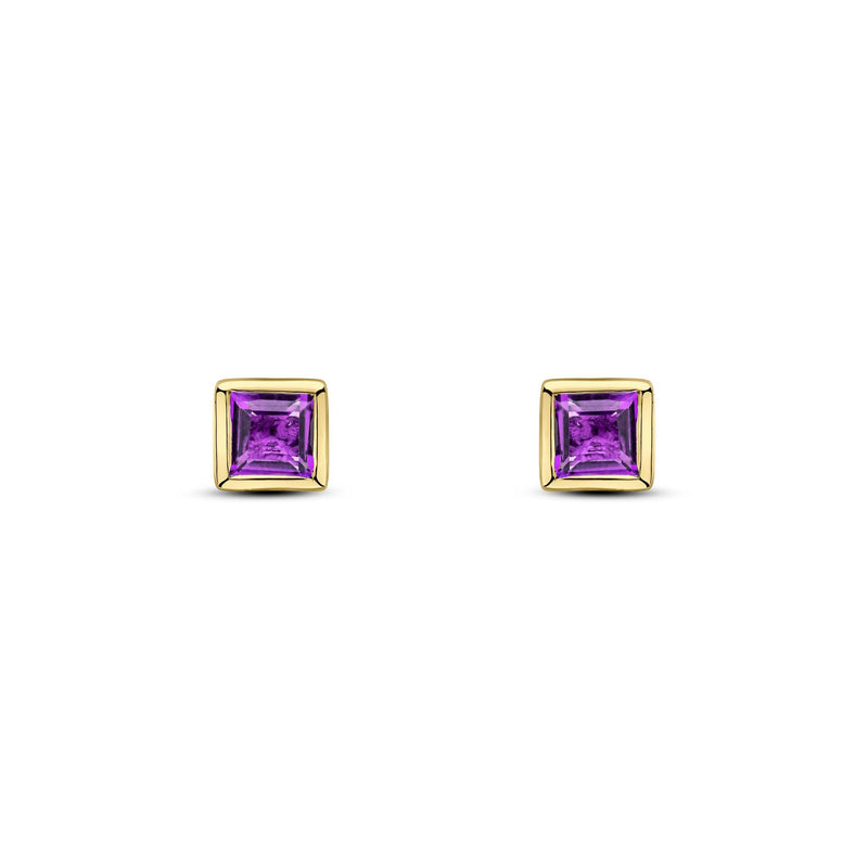 9ct Yellow Gold Square Natural Amethyst Rubover Stud Earrings — 3mm