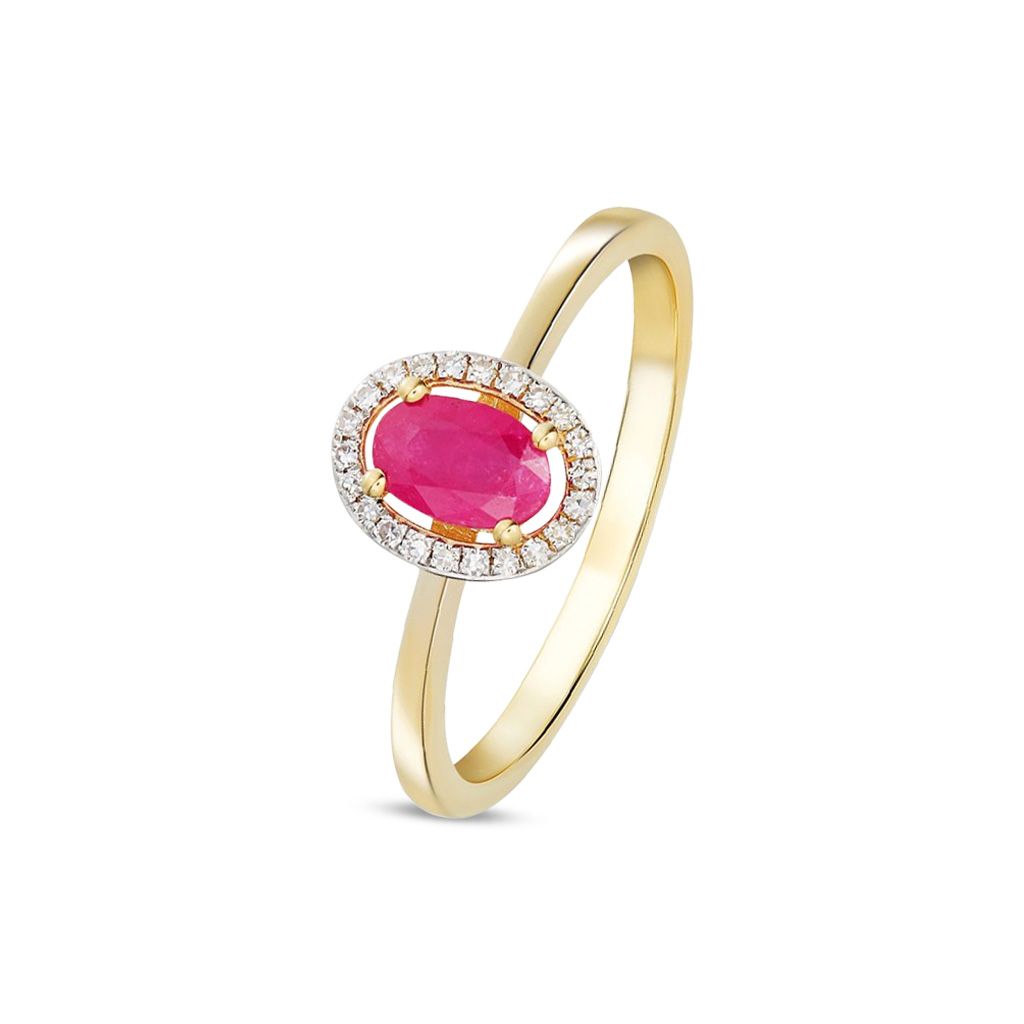 9ct Yellow Gold Oval Natural Ruby and Round Diamond Halo Cluster Ring — 6x4mm