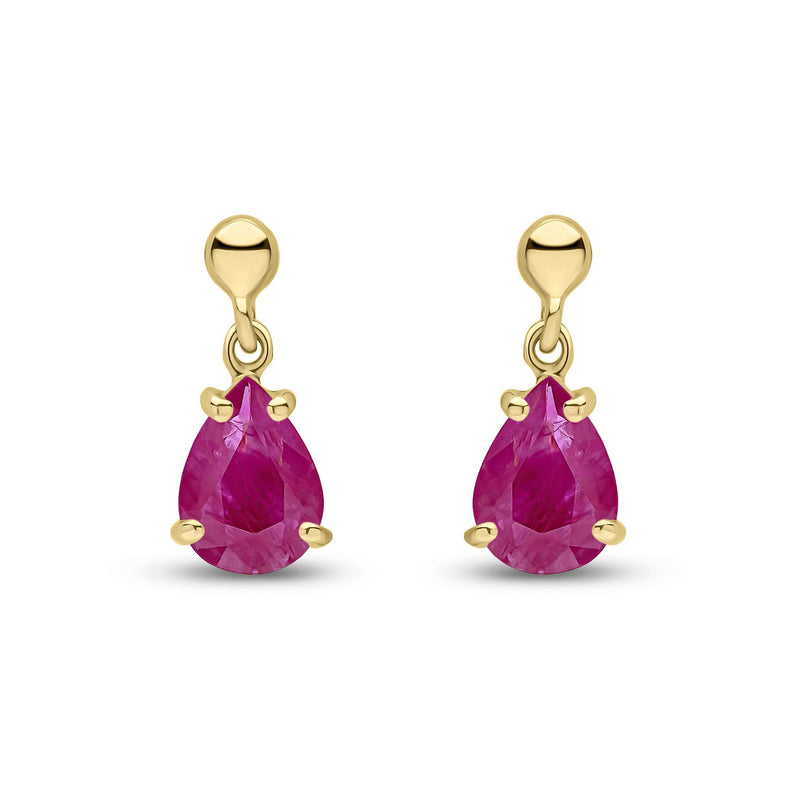 9ct Yellow Gold Pear Shaped Natural Ruby Claw Drop Earrings — 7x5mm