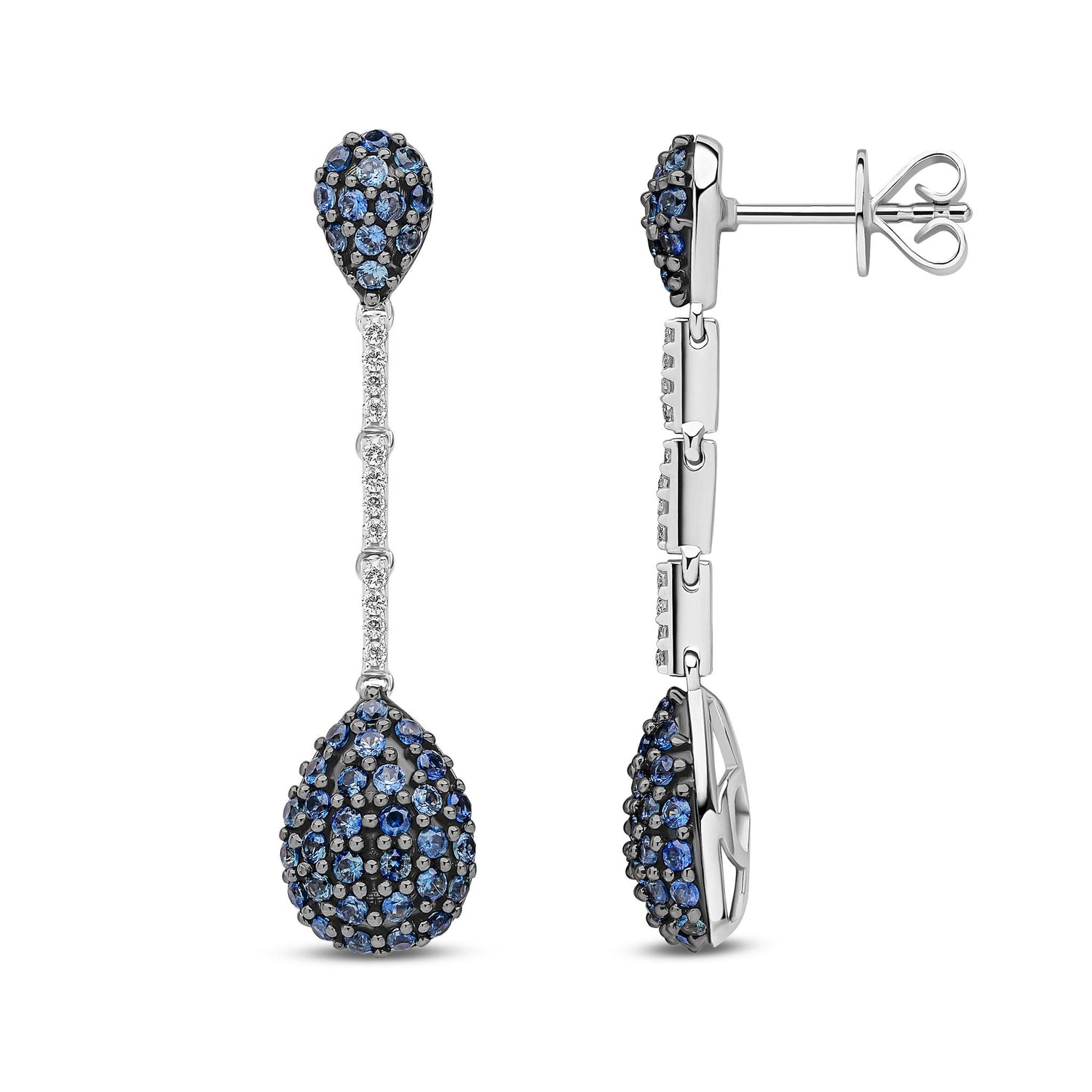 18ct White Gold Natural Sapphire and Diamond Double Teardrop Drop Earrings