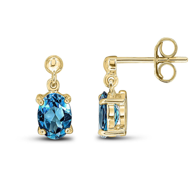 9ct Yellow Gold Oval Natural London Blue Topaz Claw Drop Earrings — 7x5mm
