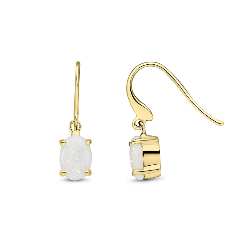 9ct Yellow Gold Oval Natural Opal Claw Hook Wire Drop Earrings — 7x5mm