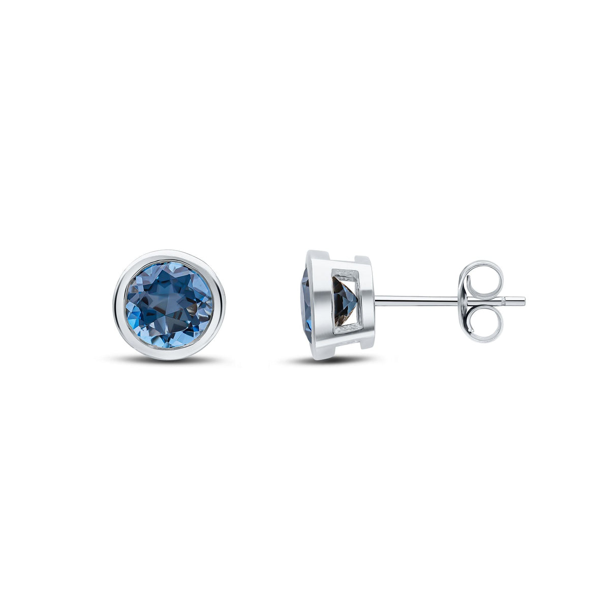 9ct White Gold Round Natural London Blue Topaz Rubover Stud Earrings — 6mm