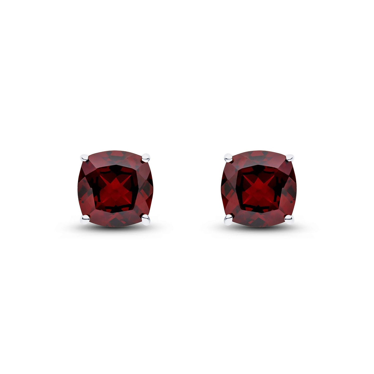 9ct White Gold Cushion Natural Garnet Claw Stud Earrings — 8mm