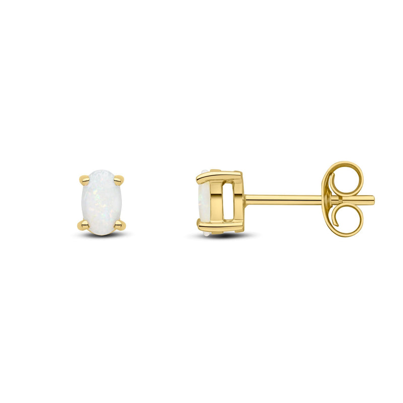 9ct Yellow Gold Oval Natural Opal Claw Stud Earrings — 5x3mm
