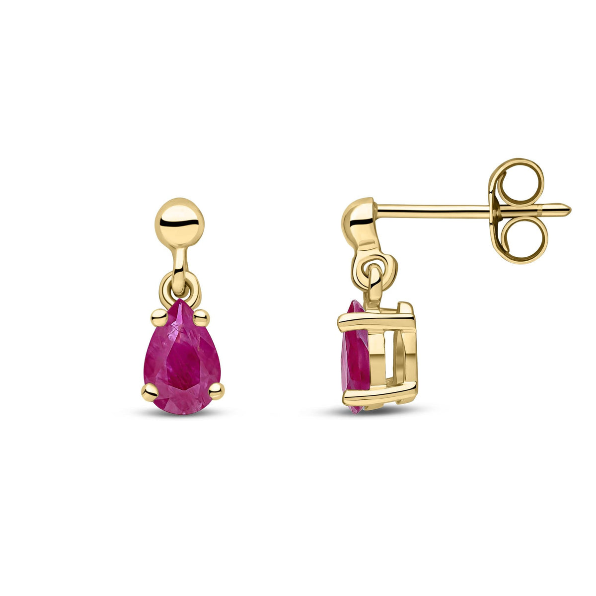 9ct Yellow Gold Pear Shaped Natural Ruby Claw Drop Earrings — 6x4mm