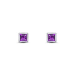 9ct White Gold Square Natural Amethyst Rubover Stud Earrings — 3mm