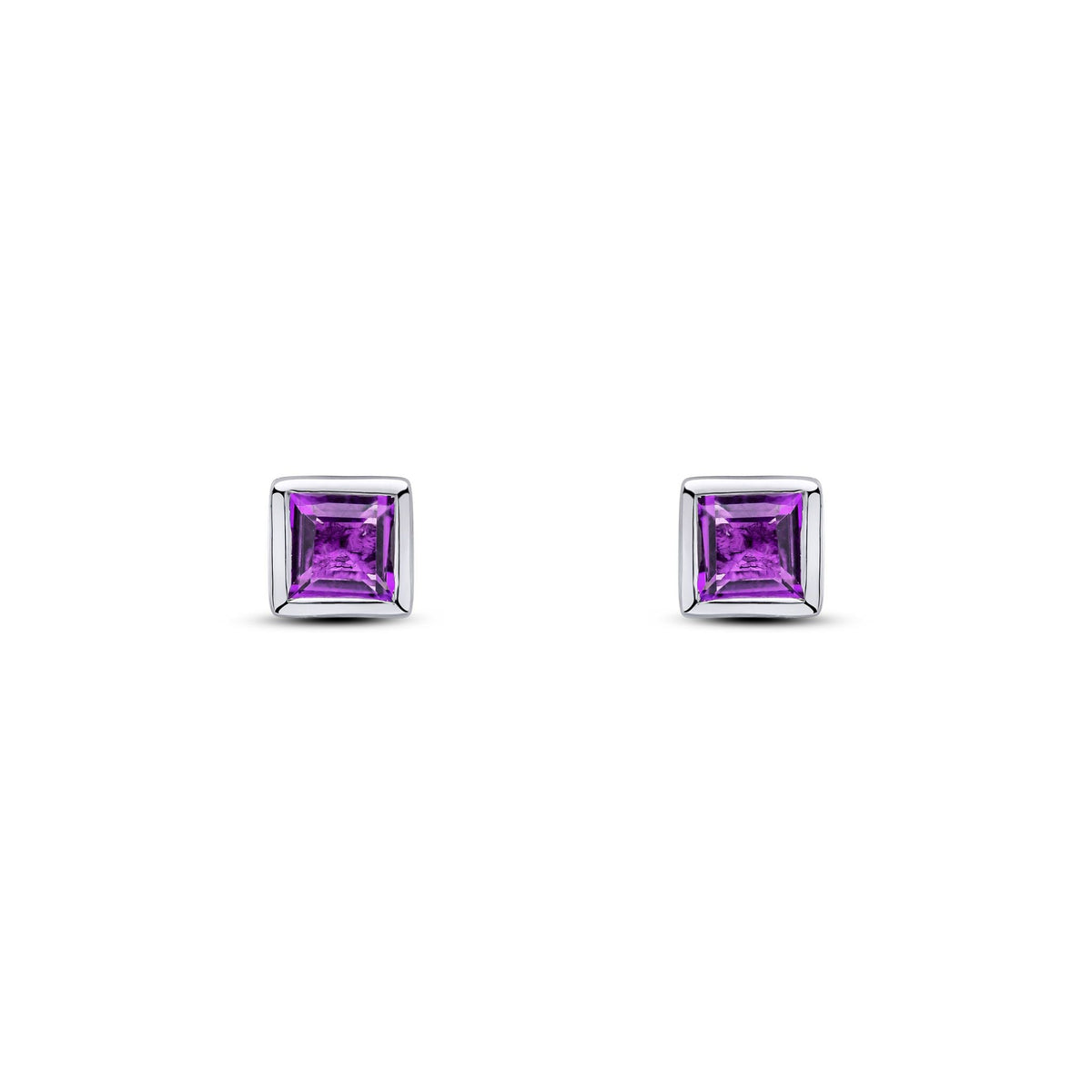 9ct White Gold Square Natural Amethyst Rubover Stud Earrings — 3mm