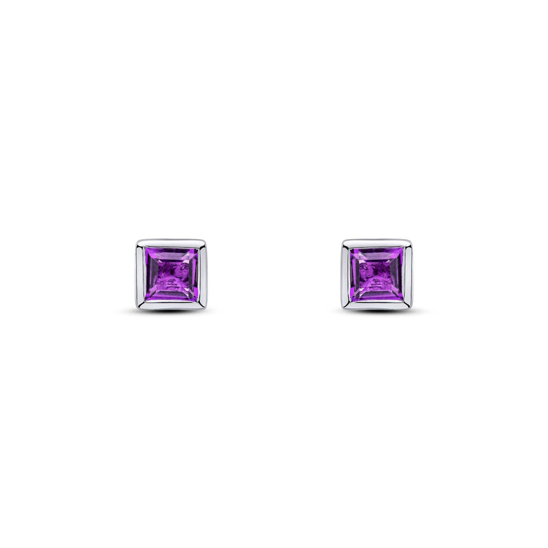 9ct White Gold Square Natural Amethyst Rubover Stud Earrings — 3mm