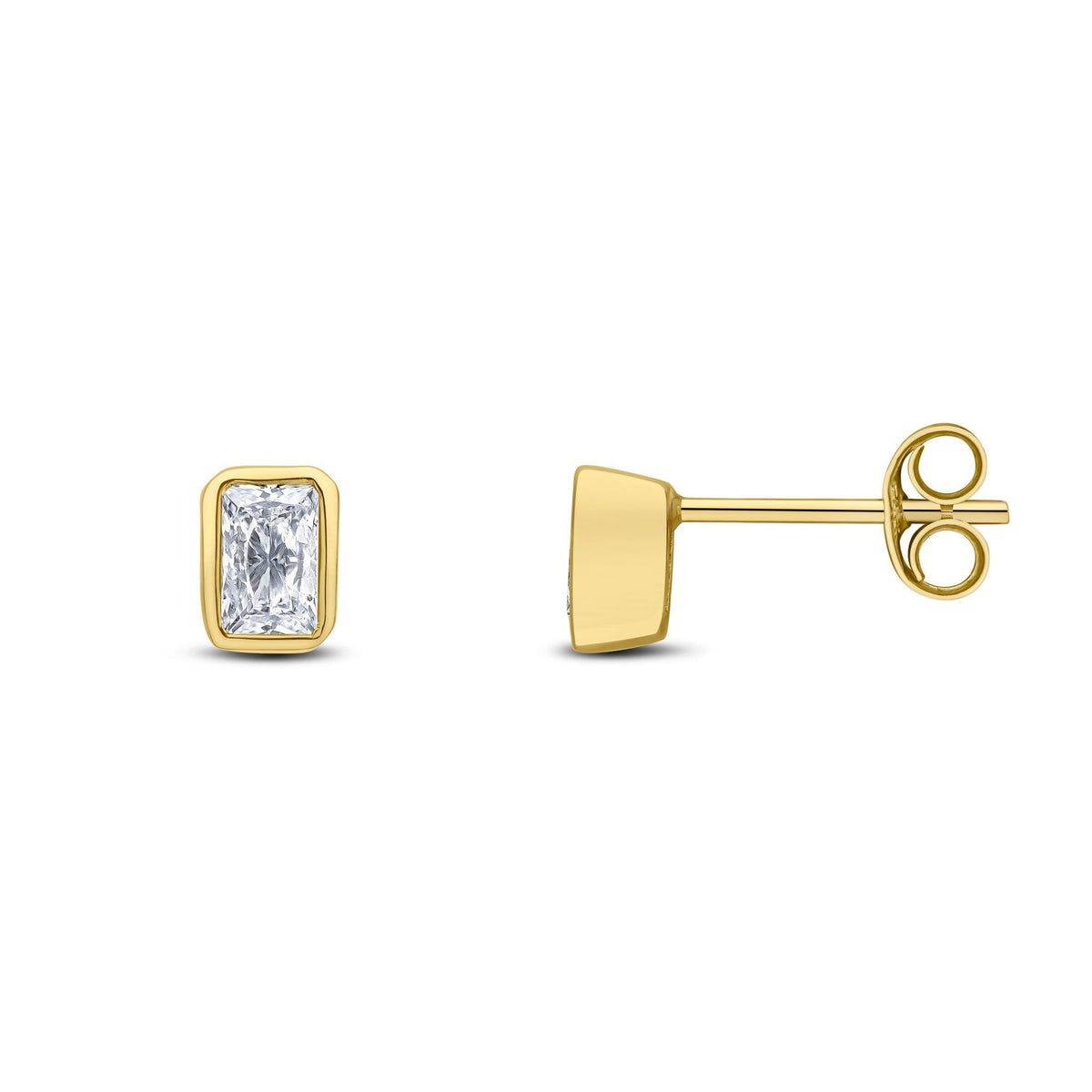 9ct Yellow Gold Octagonal Emerald Cut Cubic Zirconia CZ Rubover Stud Earrings — 5x3mm