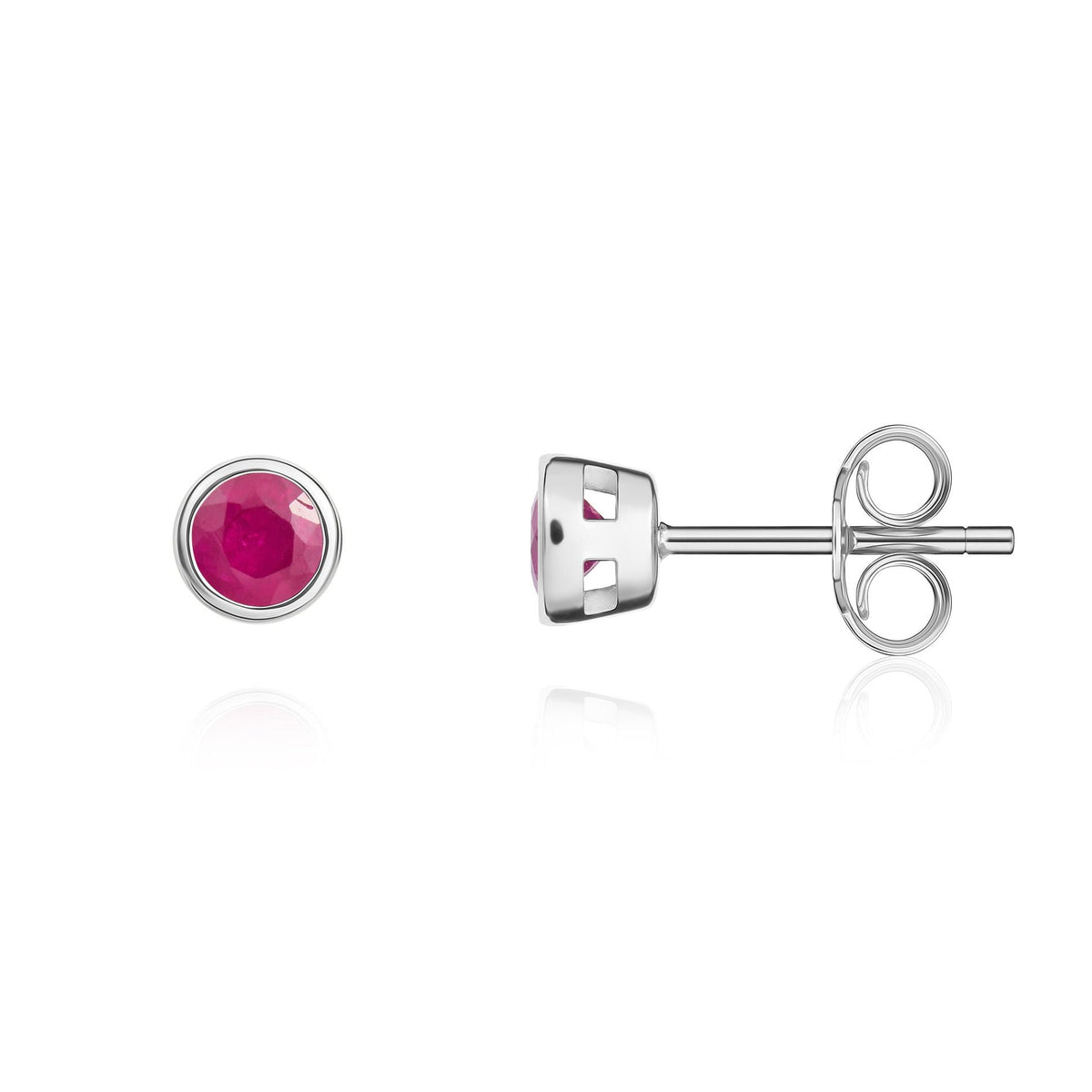 9ct White Gold Round Natural Ruby Rubover Stud Earrings — 3mm