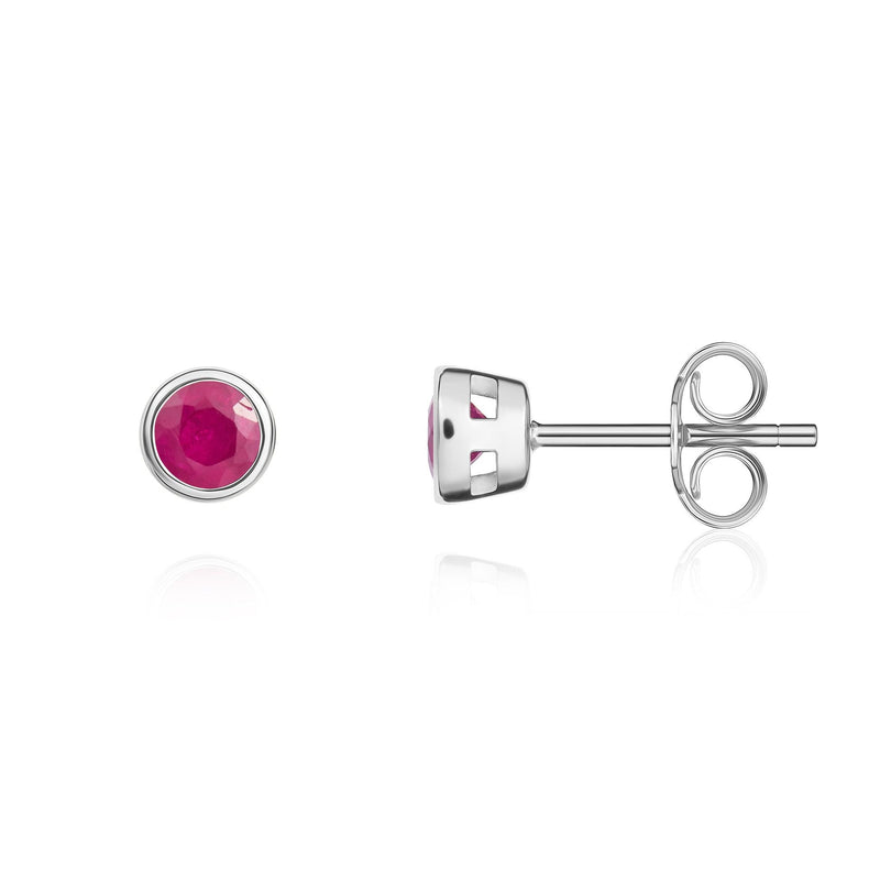 9ct White Gold Round Natural Ruby Rubover Stud Earrings — 3mm