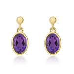 9ct Yellow Gold Oval Natural Amethyst Rubover Drop Earrings — 7x5mm