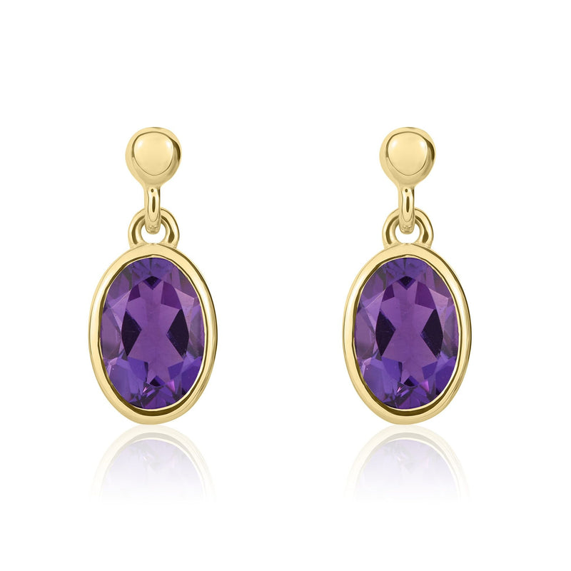 9ct Yellow Gold Oval Natural Amethyst Rubover Drop Earrings — 7x5mm