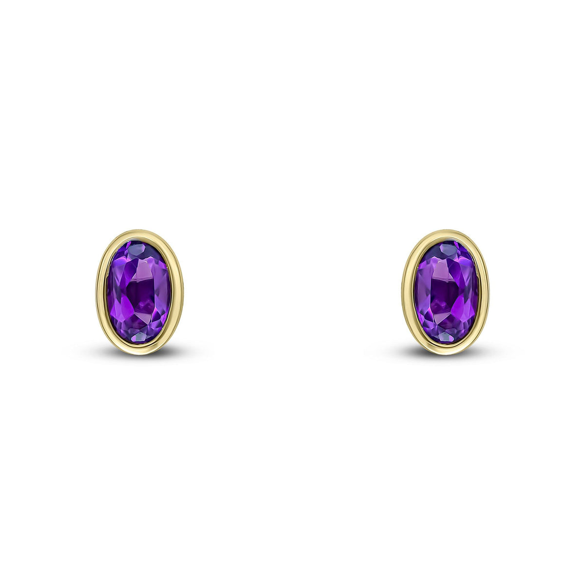 9ct Yellow Gold Oval Natural Amethyst Rubover Stud Earrings — 5x3mm