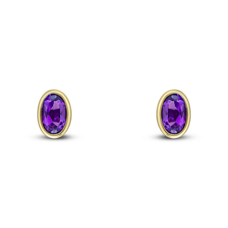 9ct Yellow Gold Oval Natural Amethyst Rubover Stud Earrings — 5x3mm