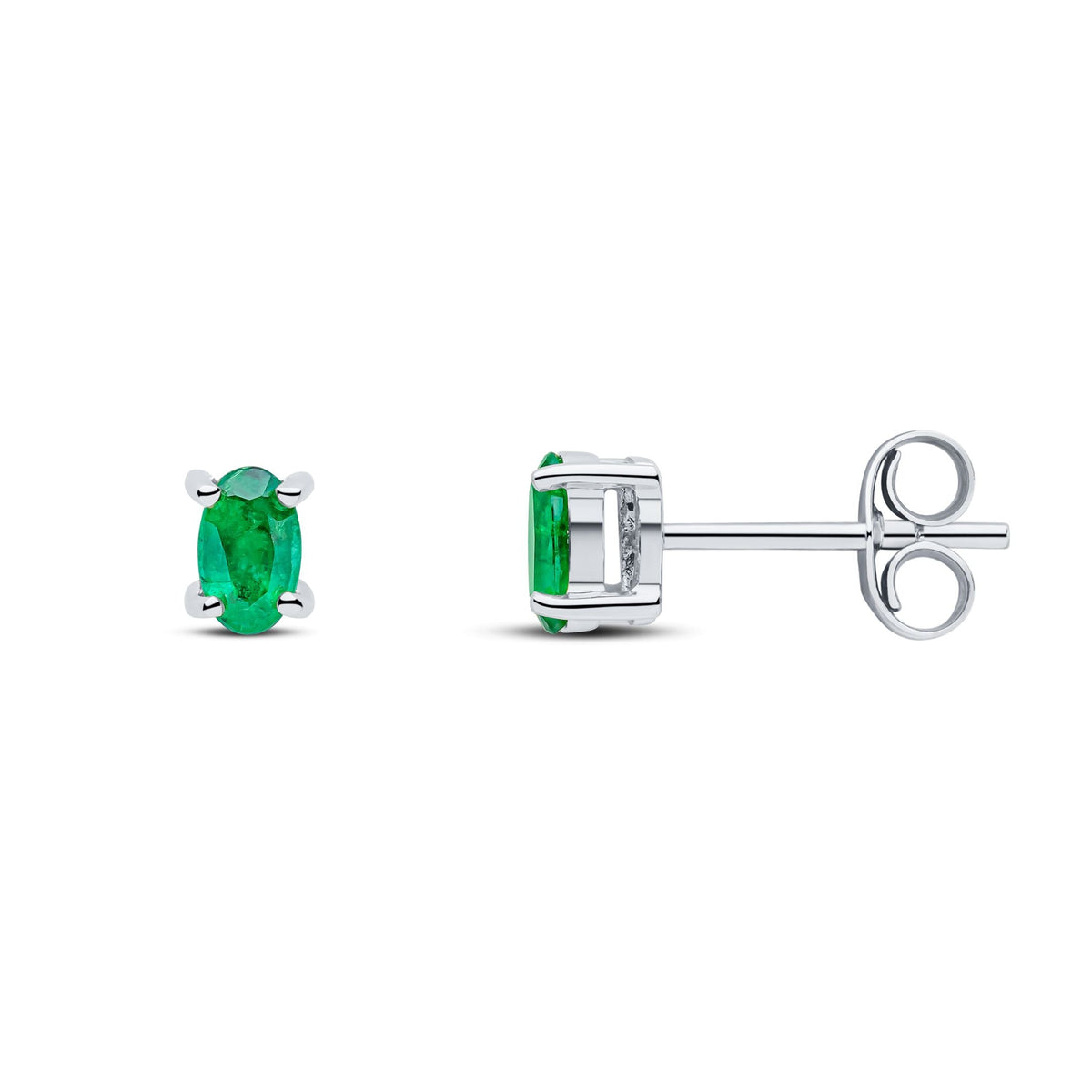 9ct White Gold Oval Natural Emerald Claw Stud Earrings — 5x3mm