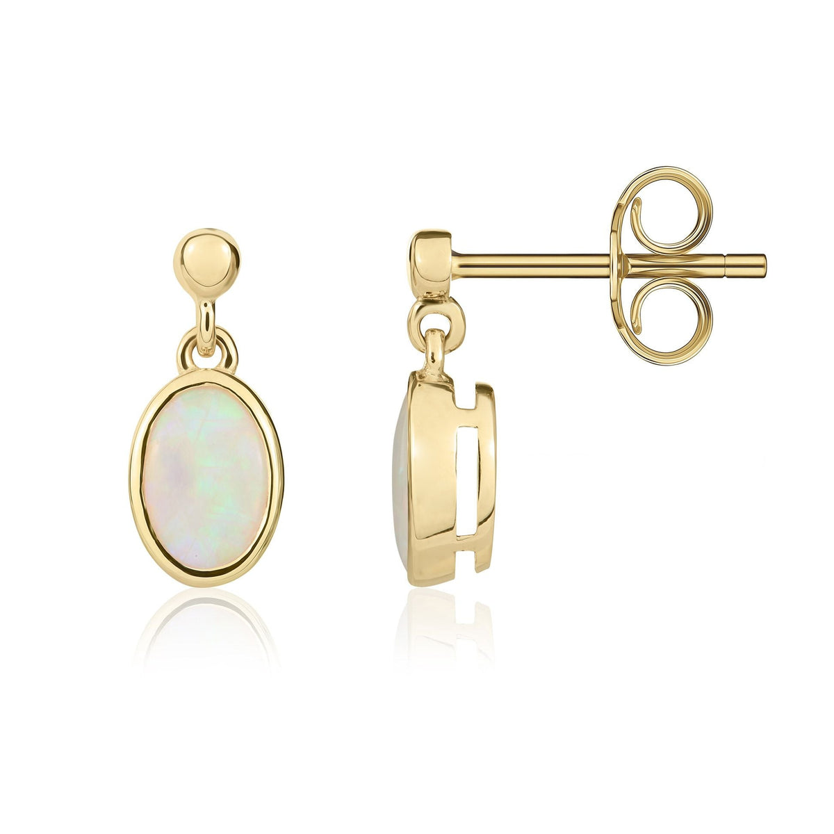 9ct Yellow Gold Oval Natural Opal Rubover Drop Earrings — 6x4mm