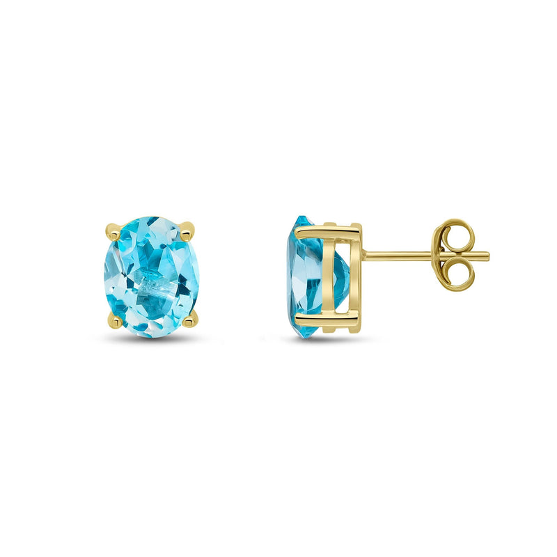 9ct Yellow Gold Oval Natural Swiss Blue Topaz Claw Stud Earrings — 9x7mm