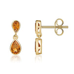 9ct Yellow Gold Pear Shaped Natural Citrine Two Stone Rubover Drop Earrings
