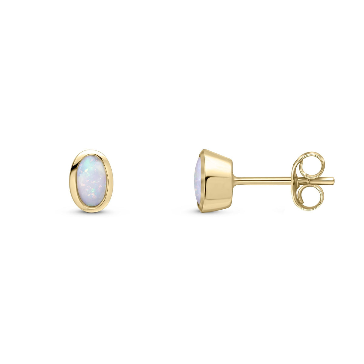 9ct Yellow Gold Oval Natural Opal Rubover Stud Earrings — 5x3mm