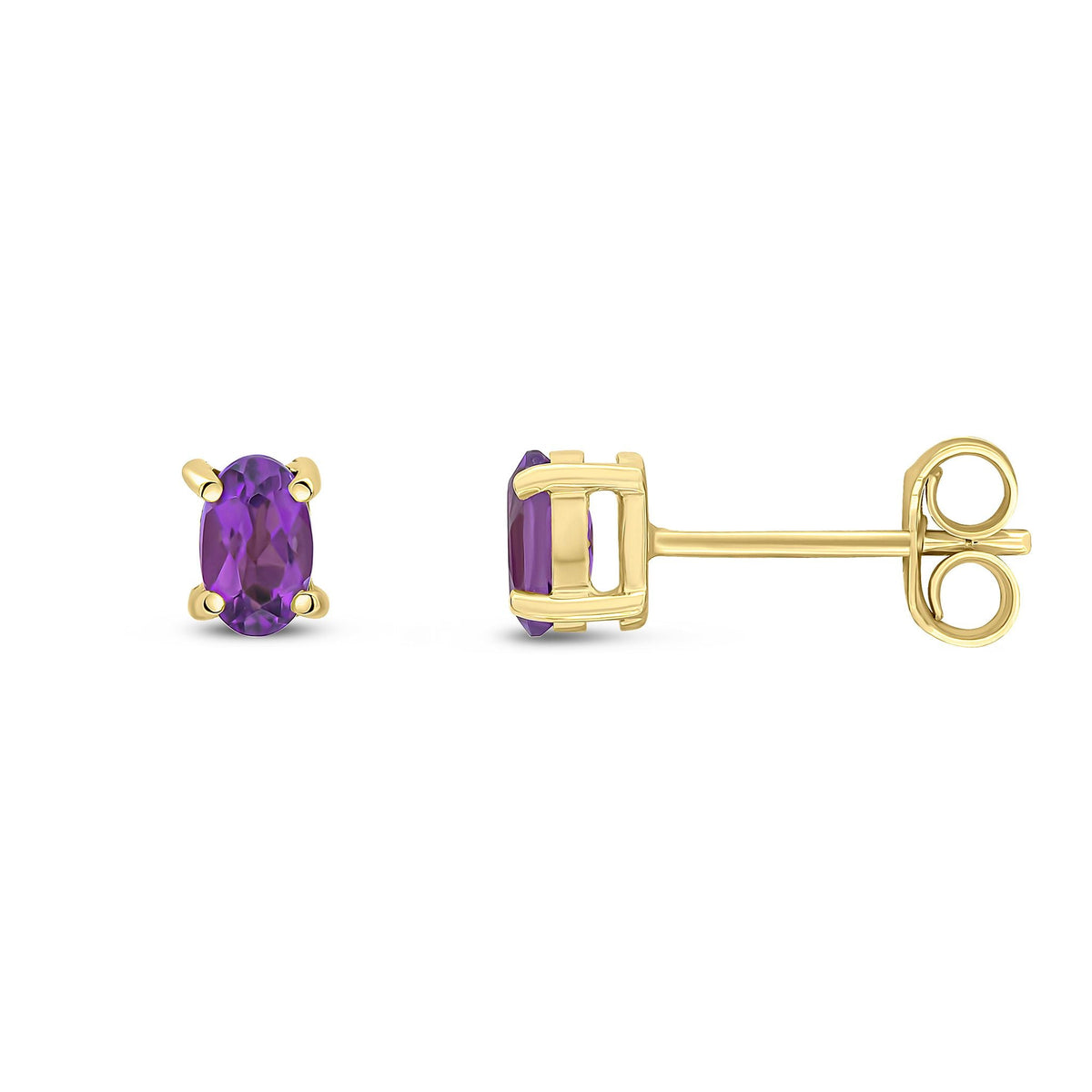 9ct Yellow Gold Oval Natural Amethyst Claw Stud Earrings — 5x3mm