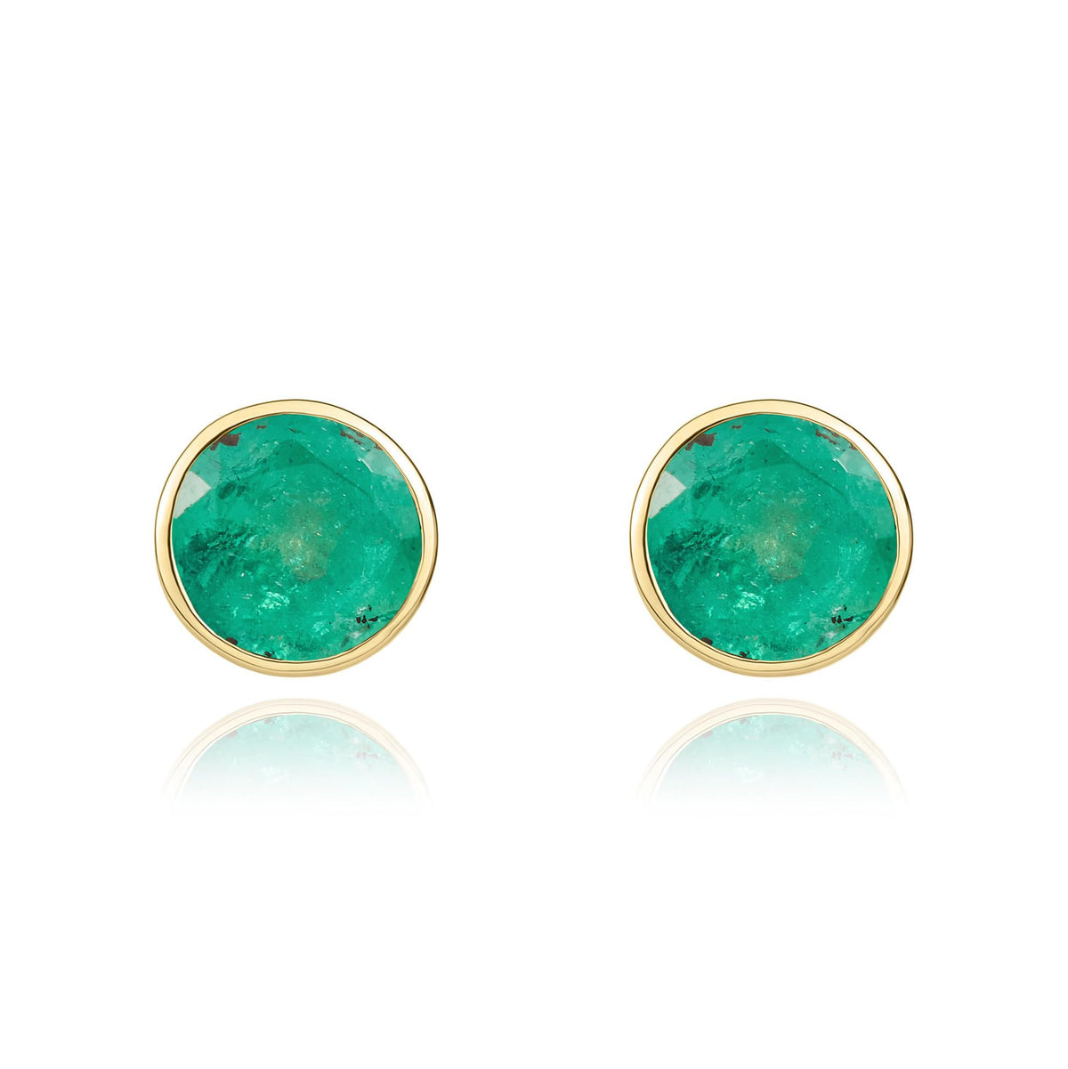 9ct Yellow Gold Round Natural Emerald Rubover Stud Earrings — 5mm