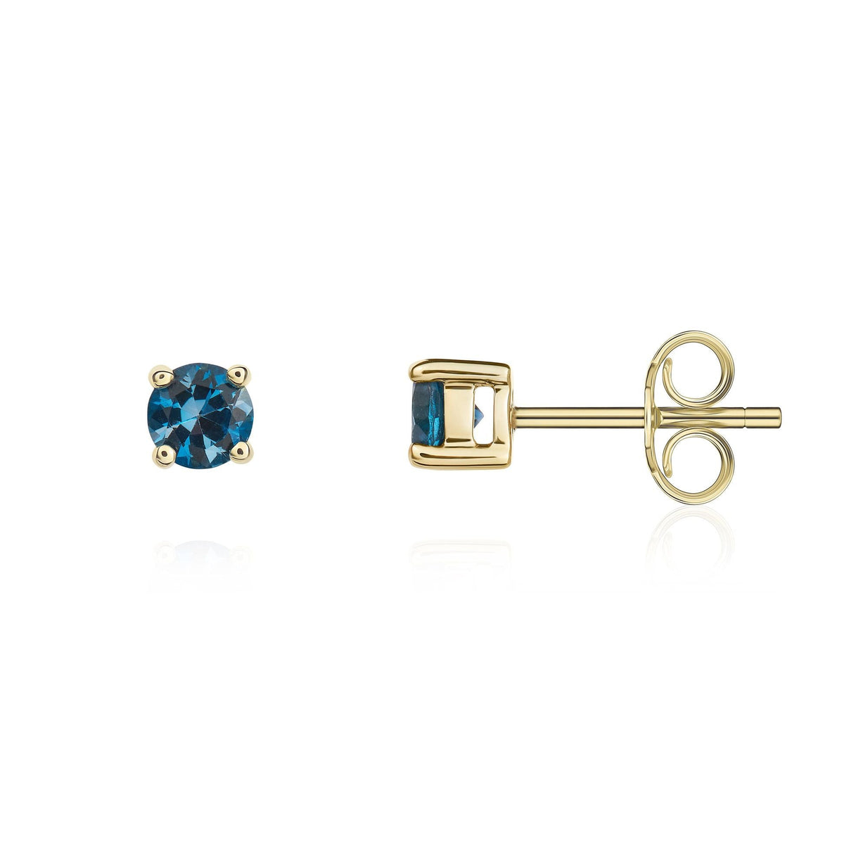 9ct Yellow Gold Round Natural London Blue Topaz Claw Stud Earrings — 4mm