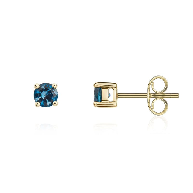 9ct Yellow Gold Round Natural London Blue Topaz Claw Stud Earrings — 4mm