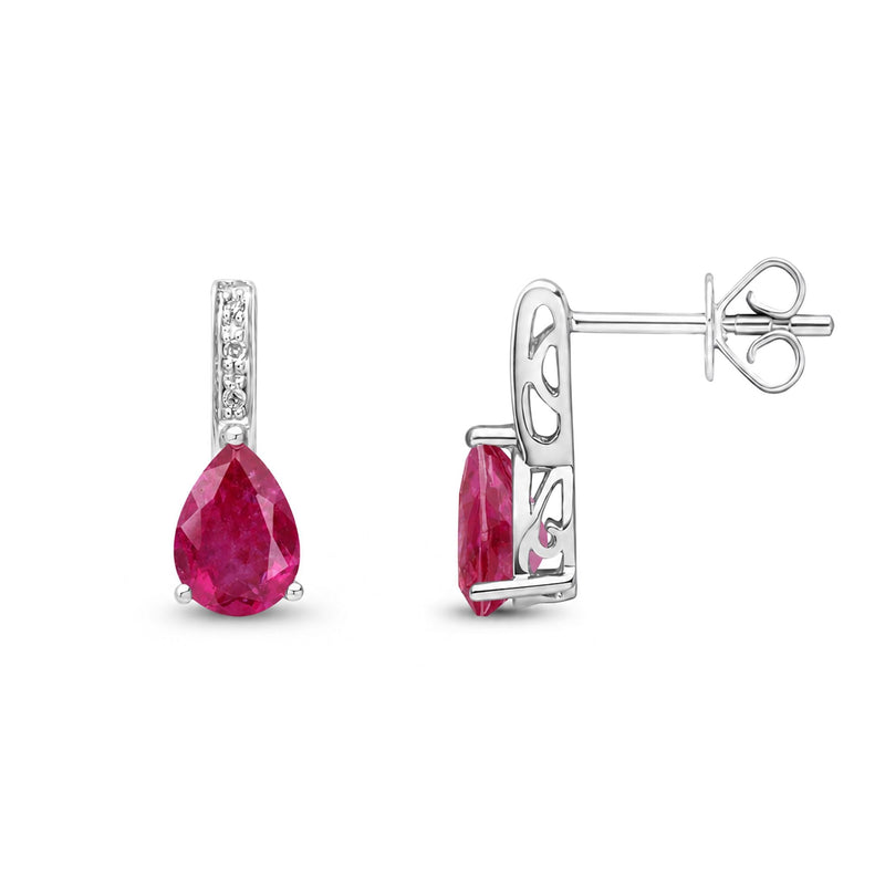 9ct White Gold Pear Shaped Natural Ruby & Diamond Drop Earrings — 7x5mm