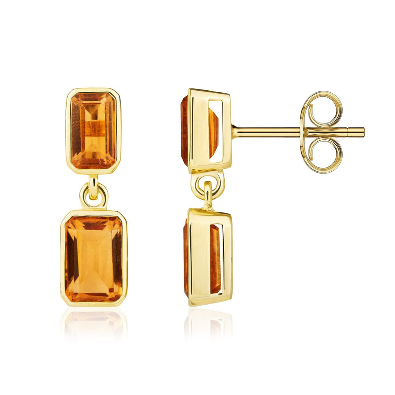 9ct Yellow Gold Octagonal Emerald Cut Natural Citrine Double Stone Rubover Drop Earrings