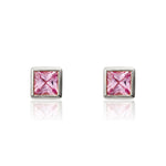 9ct White Gold Square Natural Pink Sapphire Rubover Stud Earrings — 3mm