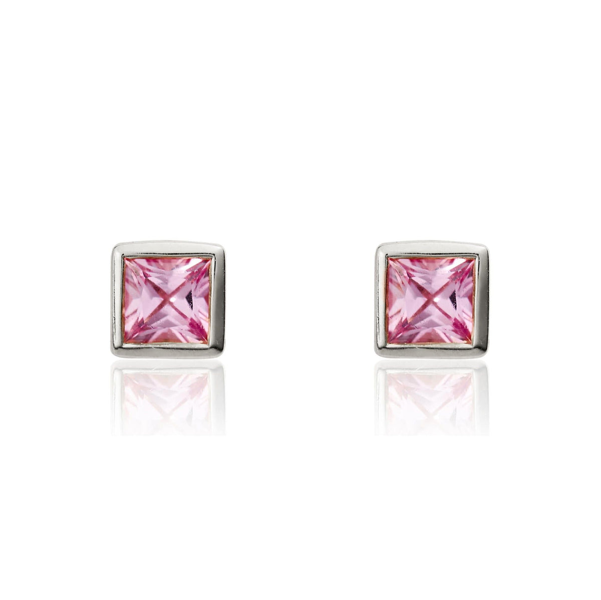 9ct White Gold Square Natural Pink Sapphire Rubover Stud Earrings — 3mm