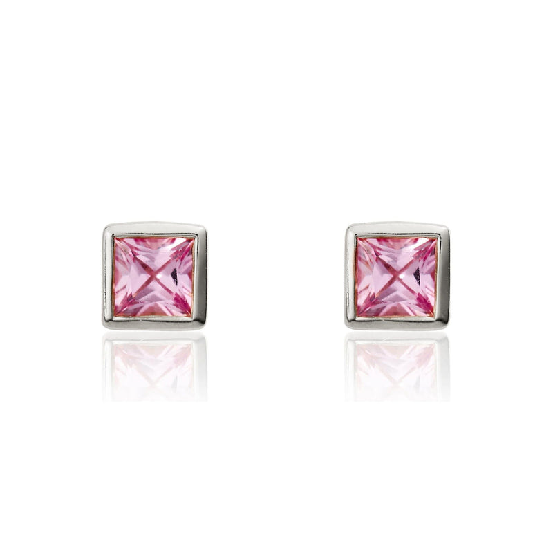 9ct White Gold Square Natural Pink Sapphire Rubover Stud Earrings — 3mm