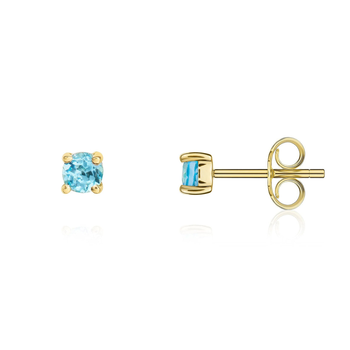 9ct Yellow Gold Round Natural Swiss Blue Topaz Claw Stud Earrings — 3mm
