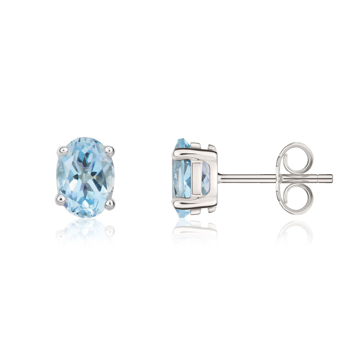 9ct White Gold Oval Natural Aquamarine Claw Stud Earrings — 7x5mm