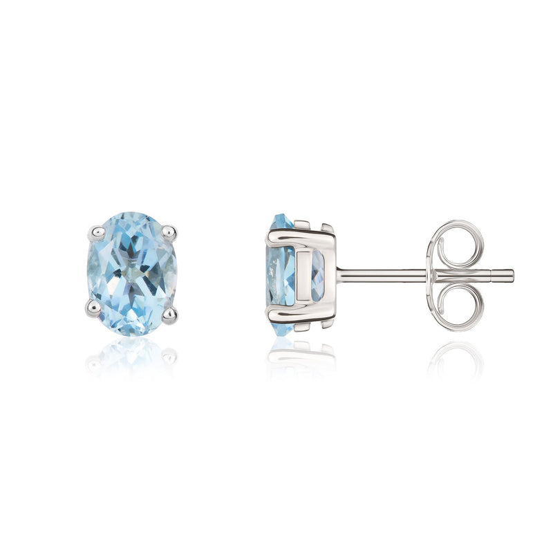 9ct White Gold Oval Natural Aquamarine Claw Stud Earrings — 7x5mm