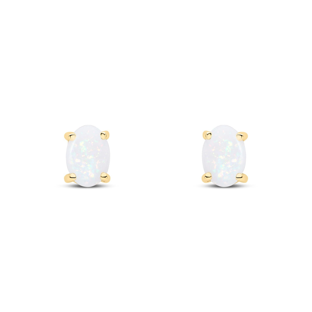 9ct Yellow Gold Oval Natural Opal Claw Stud Earrings — 7x5mm