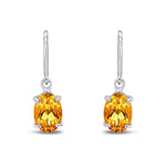 9ct White Gold Oval Natural Citrine Claw Hook Wire Drop Earrings — 7x5mm