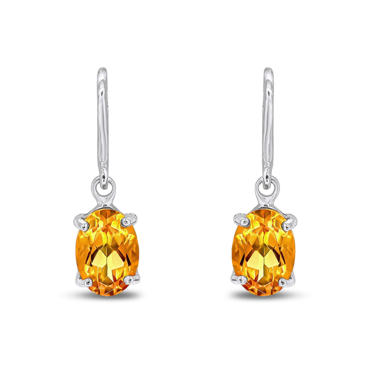 9ct White Gold Oval Natural Citrine Claw Hook Wire Drop Earrings — 7x5mm