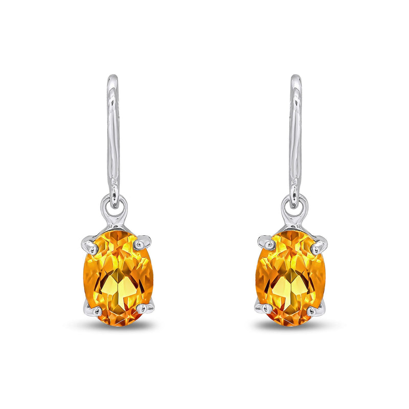 9ct White Gold Oval Natural Citrine Claw Hook Wire Drop Earrings — 7x5mm