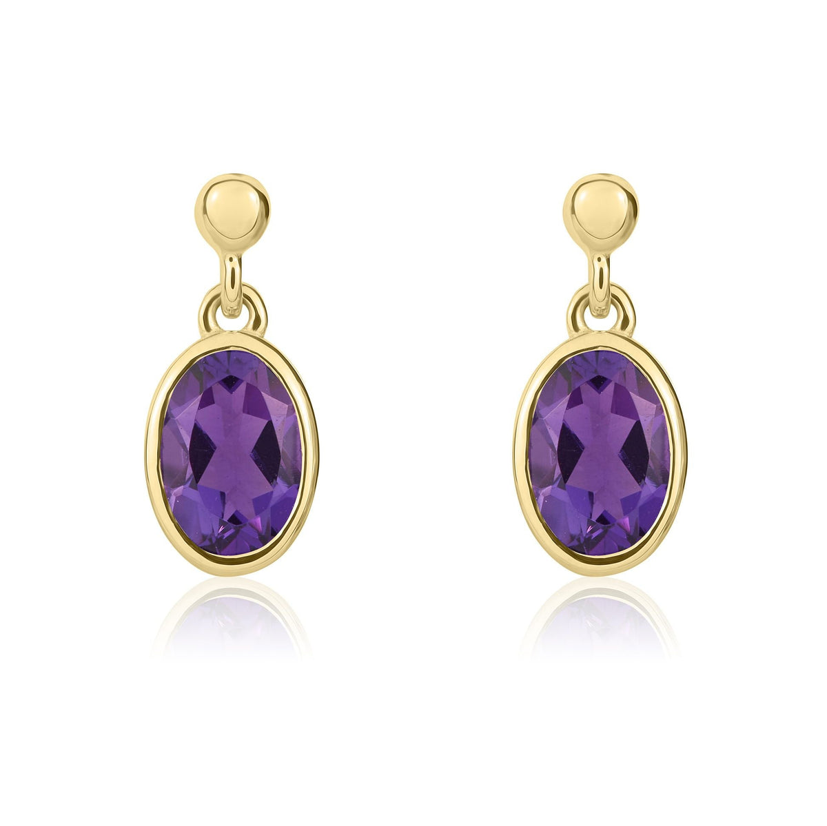 9ct Yellow Gold Oval Natural Amethyst Rubover Drop Earrings — 6x4mm