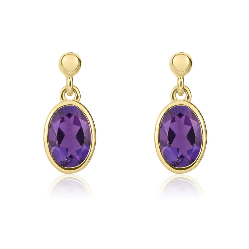 9ct Yellow Gold Oval Natural Amethyst Rubover Drop Earrings — 6x4mm