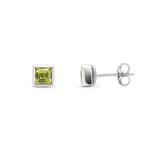 9ct White Gold Square Natural Peridot Rubover Stud Earrings — 3mm