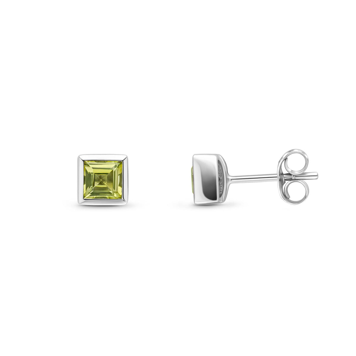 9ct White Gold Square Natural Peridot Rubover Stud Earrings — 3mm
