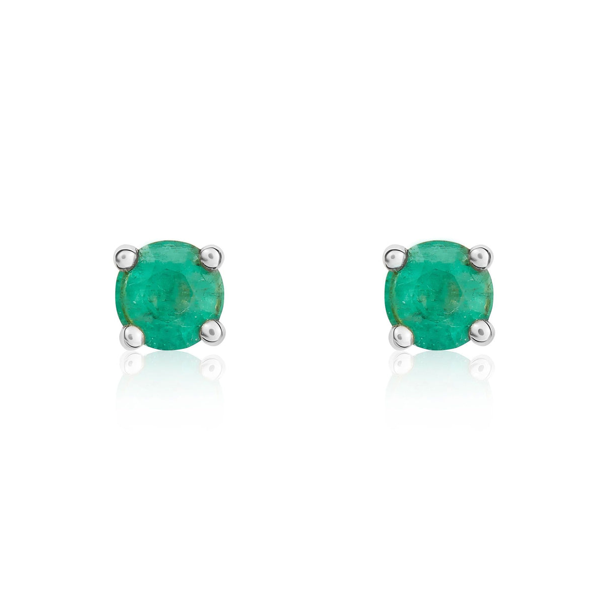 9ct White Gold Round Natural Emerald Claw Stud Earrings — 4mm