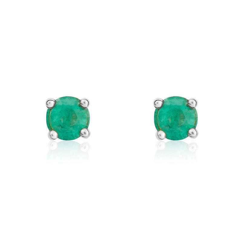 9ct White Gold Round Natural Emerald Claw Stud Earrings — 4mm