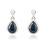 9ct White Gold Pear Shaped Natural Blue Sapphire Rubover Drop Earrings — 7x5mm