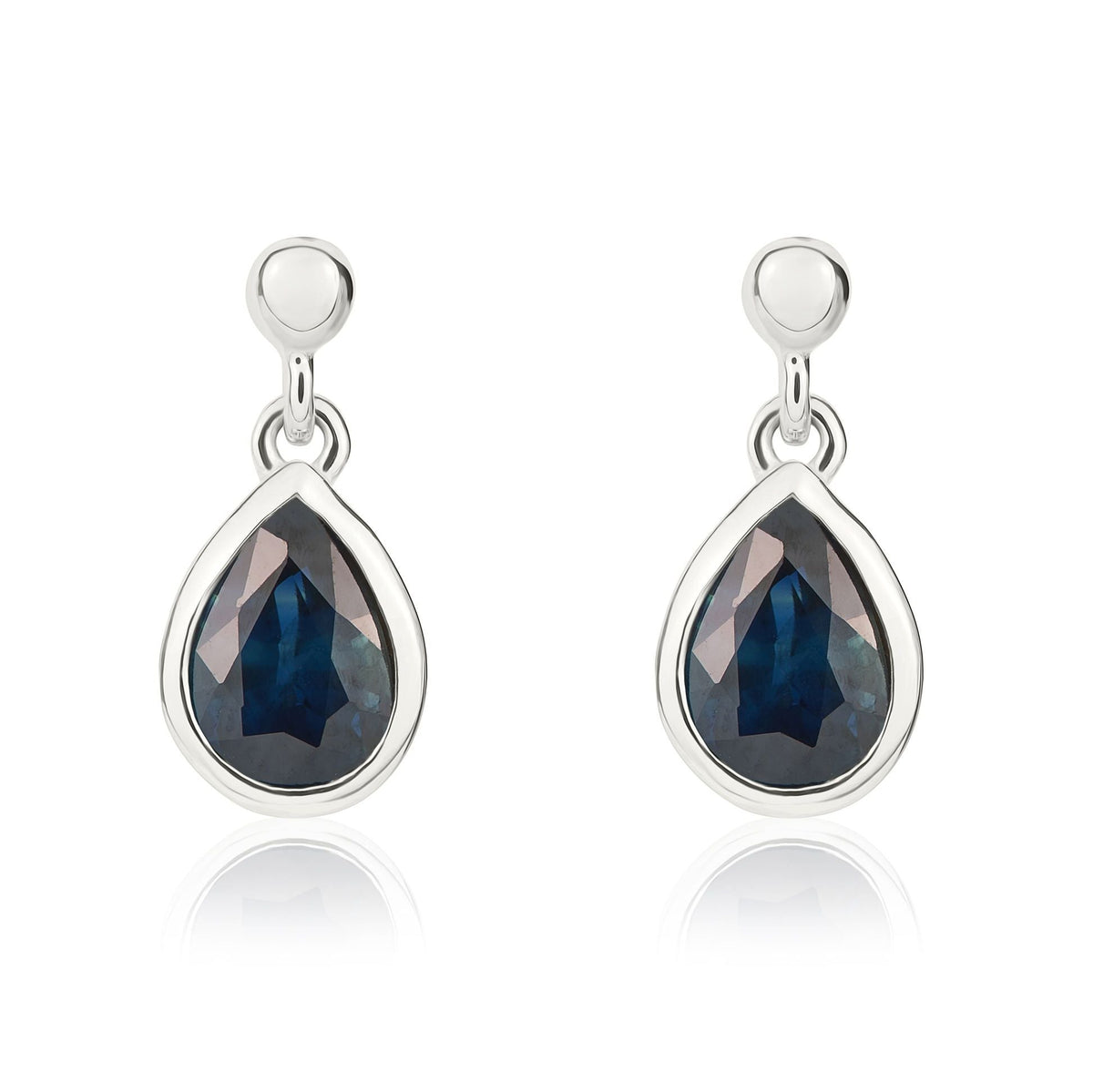 9ct White Gold Pear Shaped Natural Blue Sapphire Rubover Drop Earrings — 7x5mm